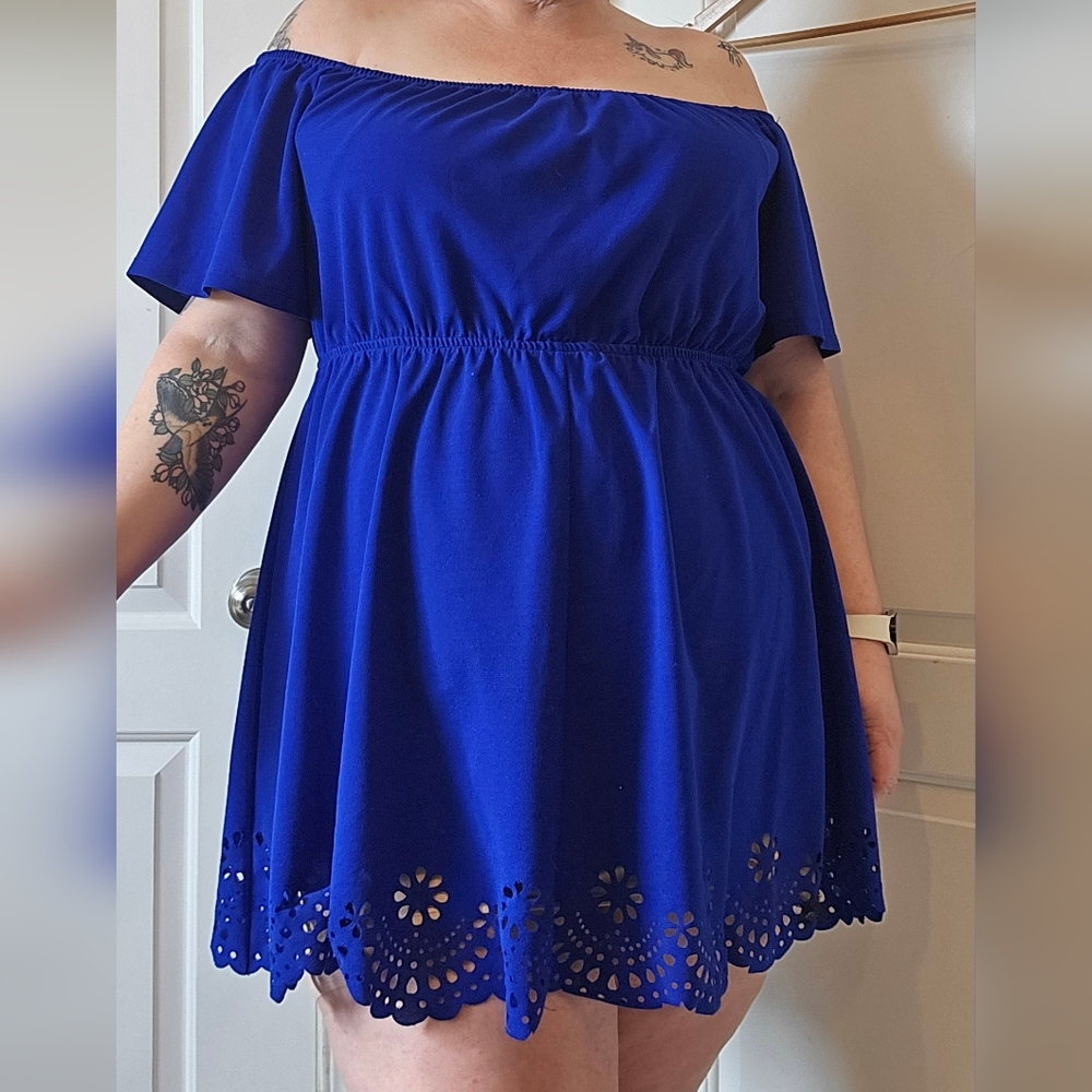 Cute Cobalt Blue Off-the-shoulder Mini-dress - Women's Plus Size 4X